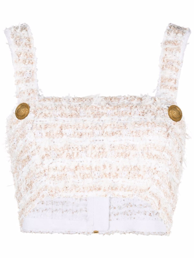 Balmain Cropped Button-embellished Metallic Bouclé-tweed Top In Beige