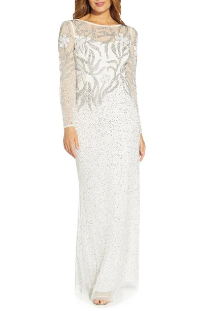 Adrianna Papell Long Sleeve Beaded Column Gown In Ivory/ Silver