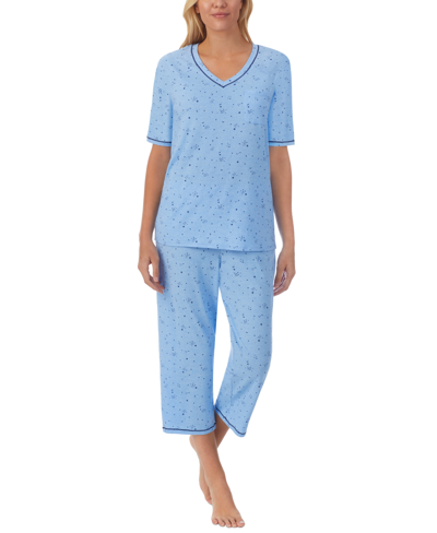 Cuddl Duds Printed Elbow-sleeve Top & Capri Pants Pajama Set In Navy Celestial