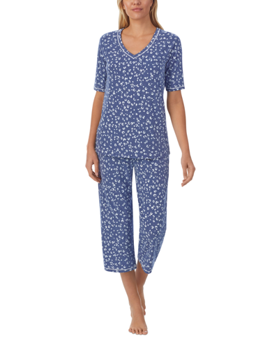 Cuddl Duds Printed Elbow-sleeve Top & Capri Pants Pajama Set In Blue Print