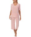 Cuddl Duds Printed Elbow-sleeve Top & Capri Pants Pajama Set In Coral Print