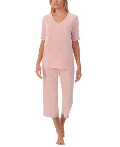 Cuddl Duds Printed Elbow-sleeve Top & Capri Pants Pajama Set In Coral Print