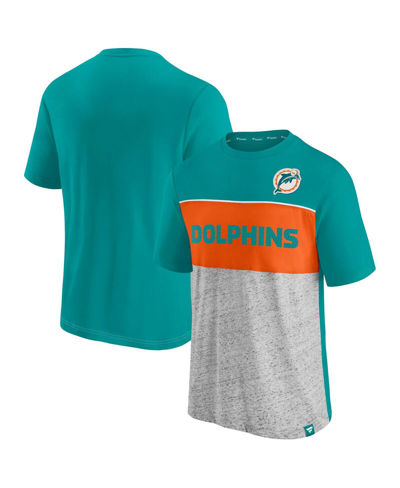 Fanatics Men's Aqua And Heathered Gray Miami Dolphins Throwback Colorblock T-shirt In Aqua/heathered Gray