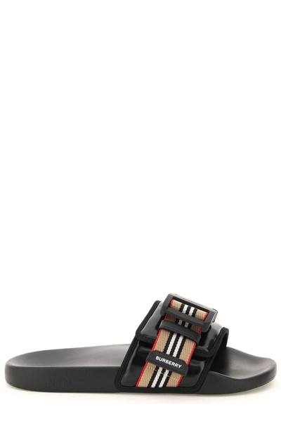 Burberry Cameron Icon Stripe Buckle Slide Sandal In Black