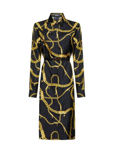 Versace Belted Printed Silk-twill Shirt Dress In Black