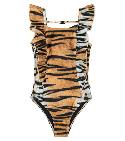 Molo Kids' Girl's Nathalie Tiger-striped Ruffle One-piece Swimsuit In Brown