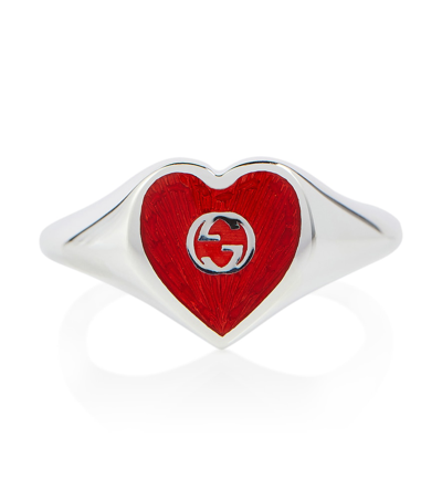 Gucci Sterling Silver Interlocking G Heart Enamel Ring In Red   / Silver