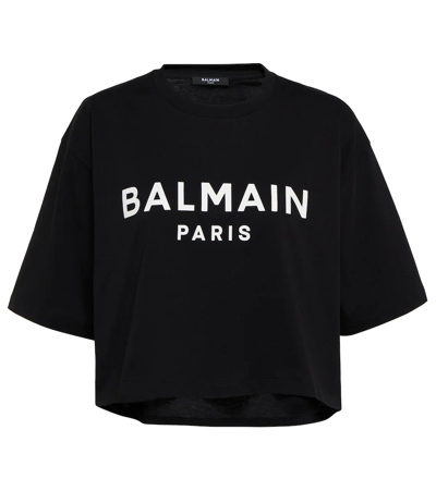 Balmain Logo Cotton Cropped T-shirt In Black,white