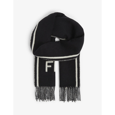 Fendi Brand-print Tasseled Cashmere Scarf In Black