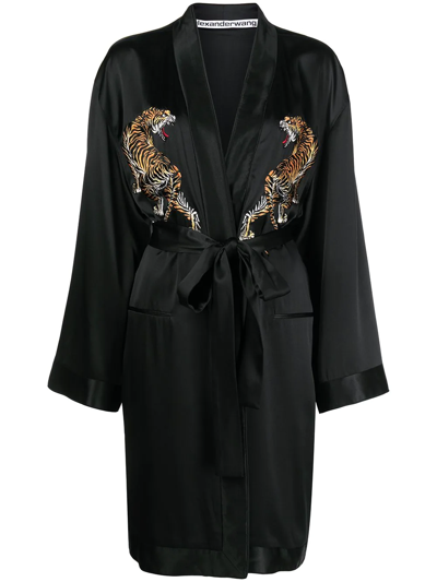 Alexander Wang Tiger Embroidery Robe In Silk Charmeuse In Black