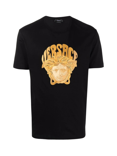 Versace Medusa Embroidery Cotton Jersey T-shirt In Black