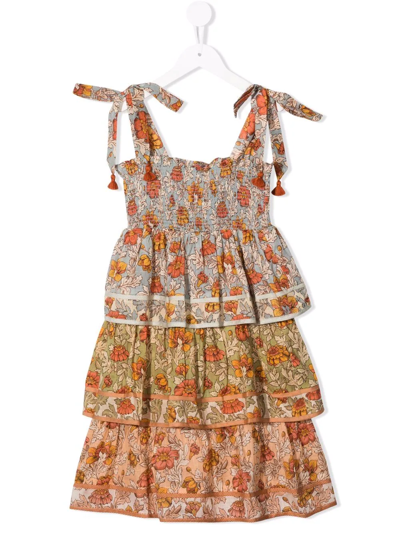 Zimmermann Kids' Andie Floral Print Tiered Cotton Sundress In Spliced
