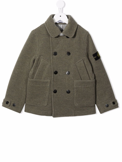Stone Island Teen Double Breasted Logo Coat In Green