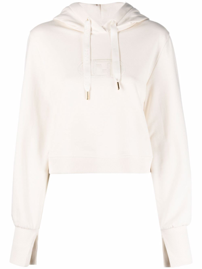 Fendi Cropped Appliquéd Embroidered Cotton-jersey Hoodie In White