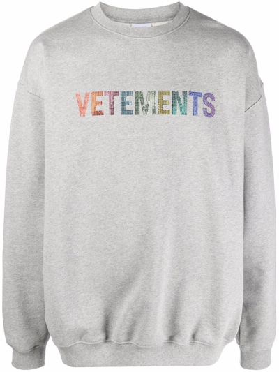 Vetements Crystal-embellished Cotton-blend Jersey Sweatshirt In Grey