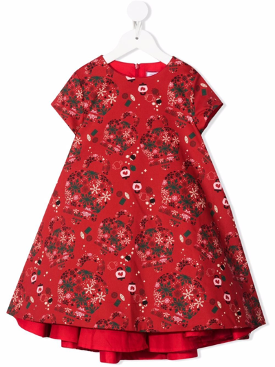 Simonetta Kids' Abito Svasato Rosso Christmas In Gabardina Di Cotone