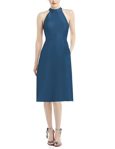 Alfred Sung High-neck Open-back Satin Cocktail Dress In Blue