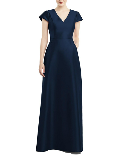Alfred Sung Cap Sleeve V-neck Satin Gown With Pockets In Blue