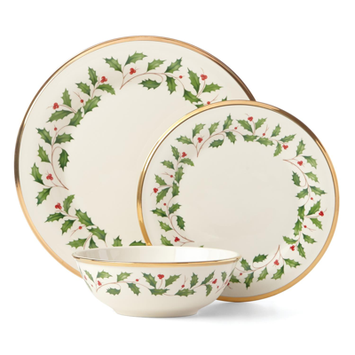 Lenox Holiday Dinnerware 3 Piece Place Setting In Ivory Body With Red And Green Holly And