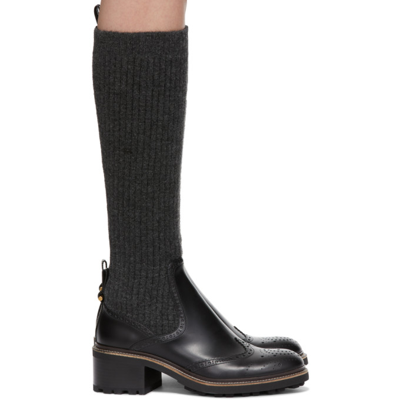 Chloé Franne Ribbed-knit And Leather Knee Boots In Black