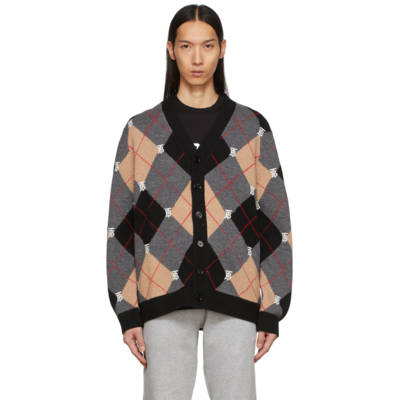 Burberry Monogram Motif Argyle Intarsia Wool Cashmere Cardigan In Beige