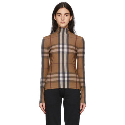 Burberry Brown Stretch Jersey Turtleneck Top In Soft Fawn Check