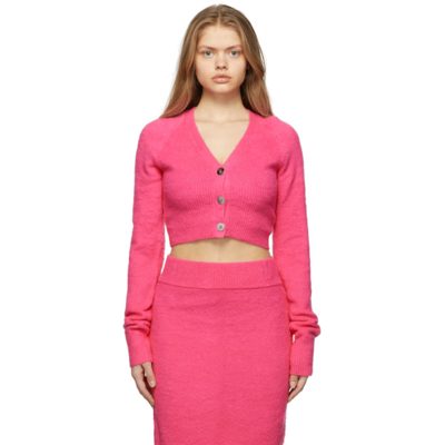 Helmut Lang Cropped Brushed Cotton-blend Cardigan In Fuchsia