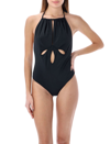 Self-portrait Cut-out Halterneck Stretch-recycled Polyamide Swimsuit In Black