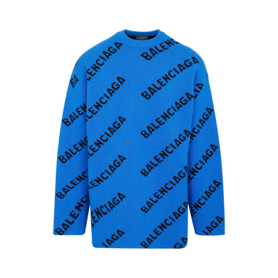 Balenciaga Oversized Logo-intarsia Jumper In Blue