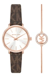 MICHAEL MICHAEL KORS MICHAEL MICHAEL KORS MINI PYPER MK LOGO LEATHER STRAP WATCH & BRACELET SET, 32MM,MK1037