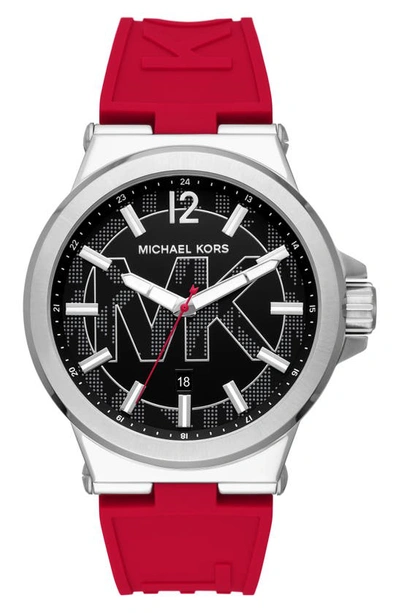 Michael Kors Oversized Dylan Silver-tone And Silicone Logo Watch In Red