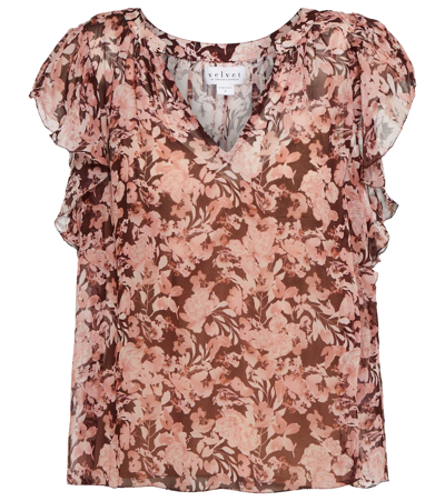 Velvet Ruffled Floral Blouse In Pink Floral