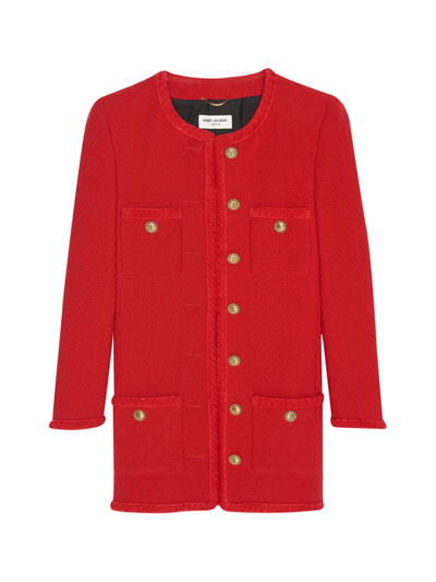 Saint Laurent Long Jacket In Diamond-embossed Tweed In Red