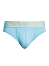 Versace Logo Low-rise Briefs In Light Blue Gold