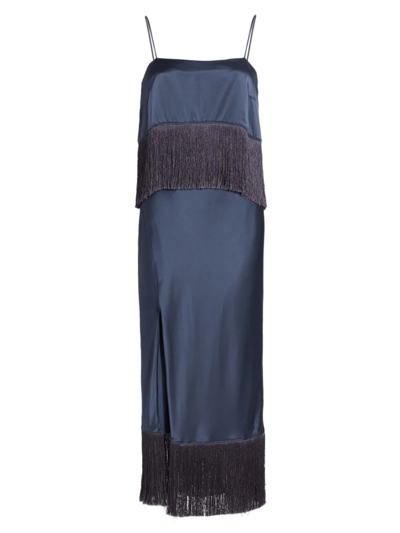 Cinq À Sept Eastwood Fringe Silk Sleeveless Midi Dress In Shadow