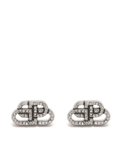 Balenciaga Bb Rhinestone-embellished Stud Earrings In Silver