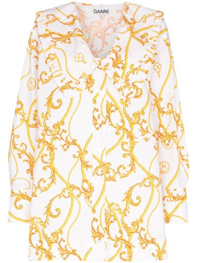 Ganni Printed Organic Cotton-poplin Mini Shirt Dress In Egret