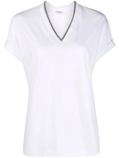 Brunello Cucinelli Contrast-trim V-neck T-shirt In Blanc