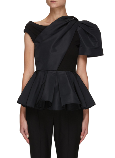 Alexander Mcqueen Asymmetric Shoulder Drape Ruffle Hem Top In Black