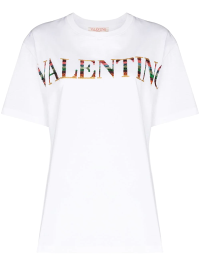 Valentino Sequin-embellished Embroidered Cotton-jersey T-shirt In White