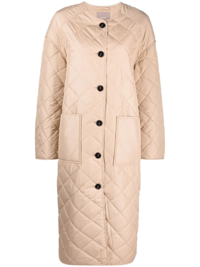 12 Storeez Collarless Quilted Coat In Nude