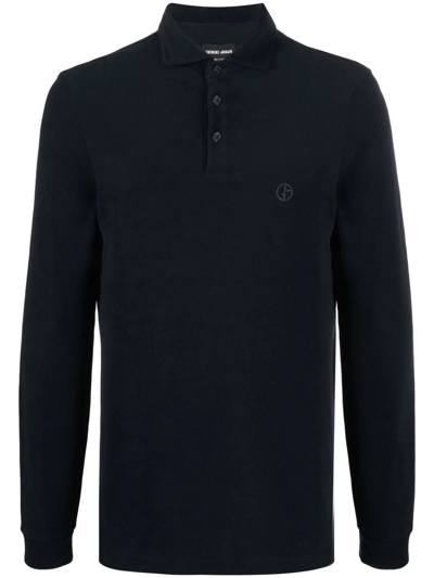 Giorgio Armani Embroidered-logo Cotton-blend Polo Shirt In Blue