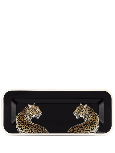 Dolce & Gabbana Medium Leopard-print Wood Tray In Schwarz