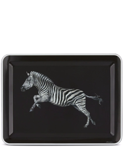 Dolce & Gabbana Medium Zebra-print Wood Tray In Schwarz