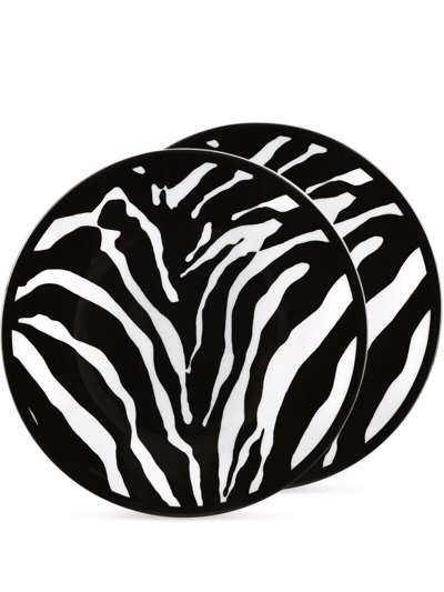 Dolce & Gabbana Zebra-print Porcelain Dessert Plates (set Of 2) In Black