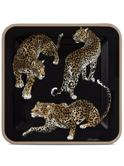 Dolce & Gabbana Medium Leopard-print Wood Tray In Schwarz