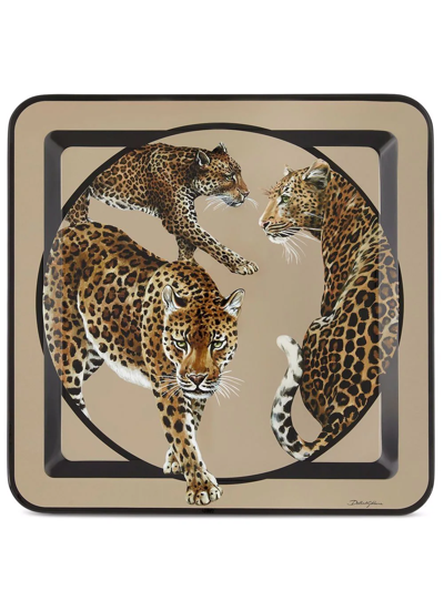 Dolce & Gabbana Leopard-print Wooden Large Tray In Multicolor