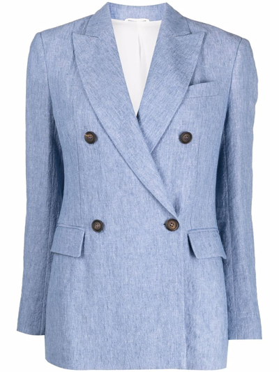 Brunello Cucinelli Double-breast Wrinkled Linen Blazer In Blue