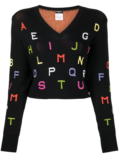 Pre-owned Chanel 2001 Lettering Embroidery V-neck Jumper In Black