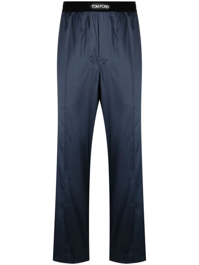 Tom Ford Velvet-trimmed Stretch-silk Satin Pyjama Trousers In Blue